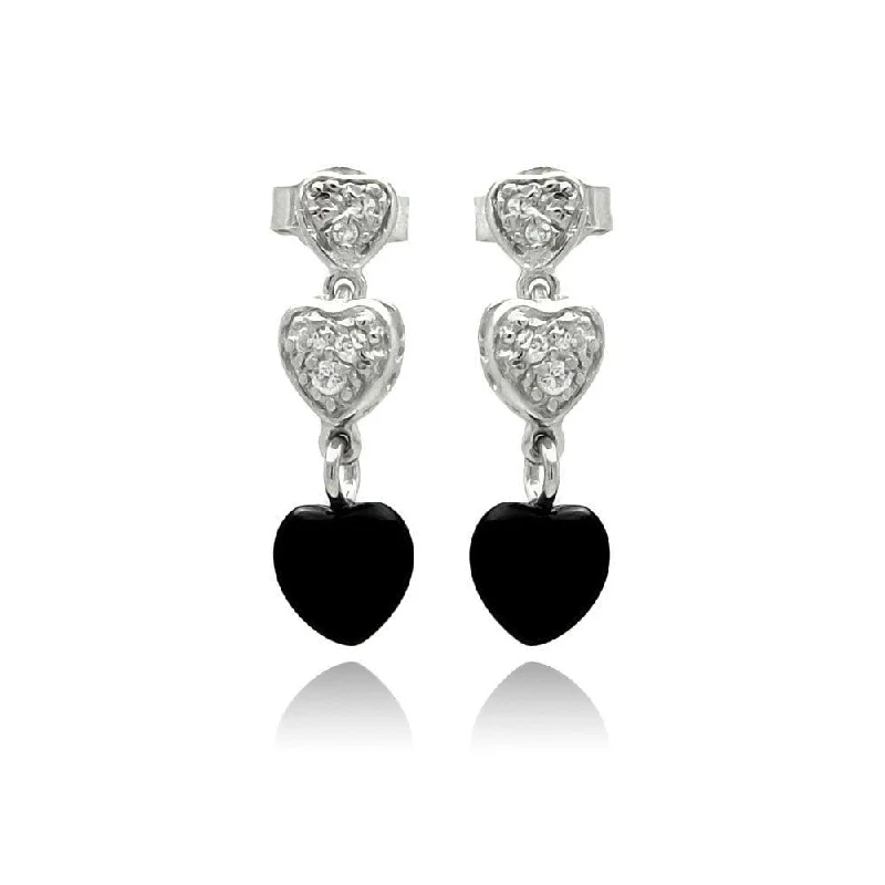 ladies-flower-hoop-earrings-Silver 925 Rhodium Plated Graduated Heart Round Clear CZ Black Onyx Dangling Stud Earrings - STE00771