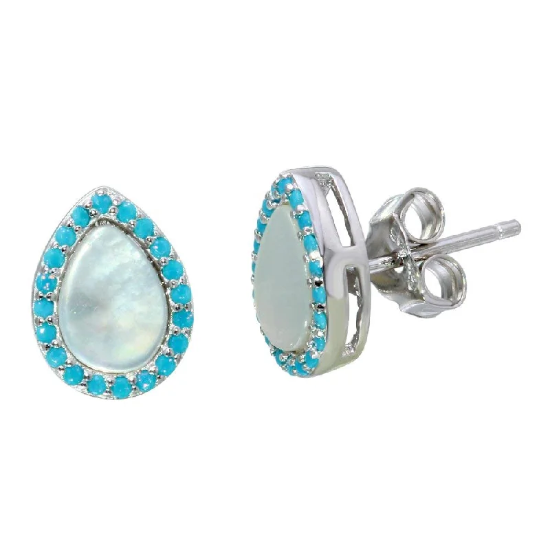 ladies-modern-gold-earrings-Rhodium Plated 925 Sterling Silver Teardrop Shaped Opal Stud Earrings with Blue CZ Stones - STE01118BLU