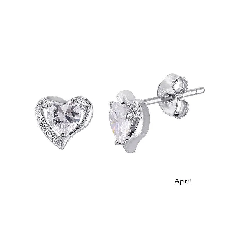 ladies-affordable-silver-earrings-Rhodium Plated 925 Sterling Silver Heart with Birthstone Center Stud Earrings April - STE01028-APR