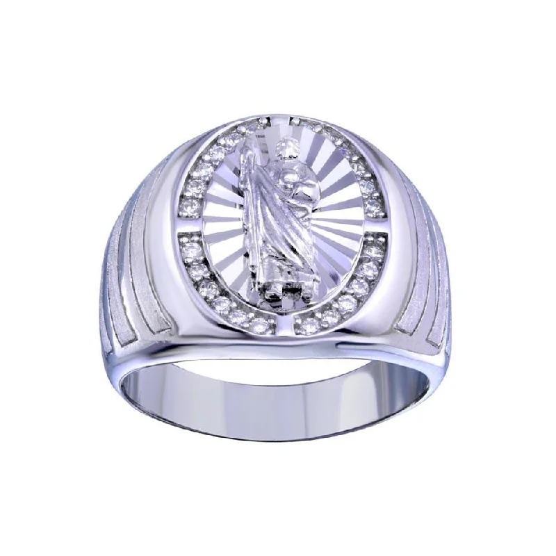 ladies ring bold geometric shape-Rhodium Plated 925 Sterling Silver Saint Jude CZ Ring - GMR00329