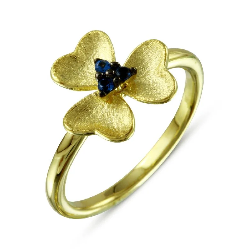 ladies ring floral petal design-Gold Plated 925 Sterling Silver and Matte Finish Flower Ring with Blue CZ - BGR01110