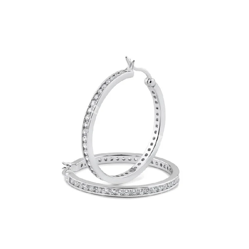 ladies-trendy-hoop-earrings-Rhodium Plated 925 Sterling Silver 2.8mm Round Clear CZ Hoop Earrings - AAE00002