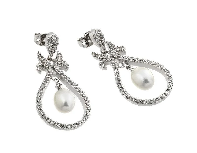 ladies-silver-drop-earrings-Silver 925 Rhodium Plated Teardrop CZ Fresh Water Pearl Dangling Earrings - BGE00288