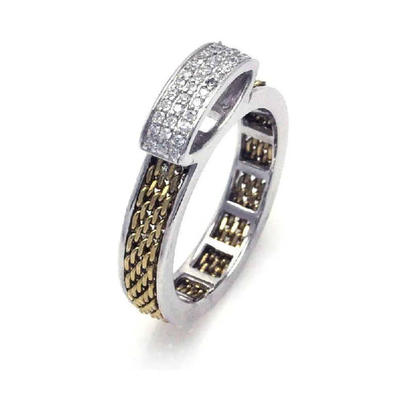 ladies ring bold geometric shape-Clearance-Silver 925 Rhodium and Gold Plated 2 Toned Pave Set Clear CZ Chain Ring - BGR00246