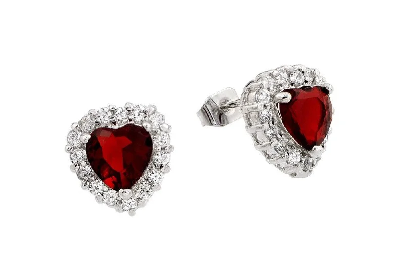 ladies-dangle-earrings-Silver 925 Rhodium Plated Red Heard CZ Stud Earrings - BGE00367R