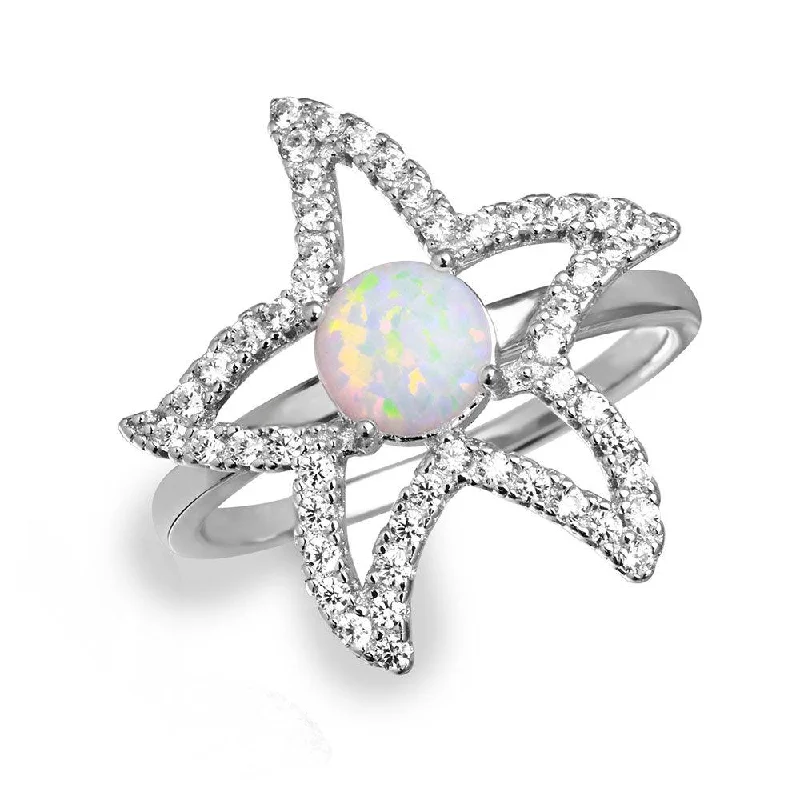 ladies ring sleek arrow motif-Silver 925 Rhodium Plated Open Starfish Ring with Synthetic Opal and CZ - BGR01048