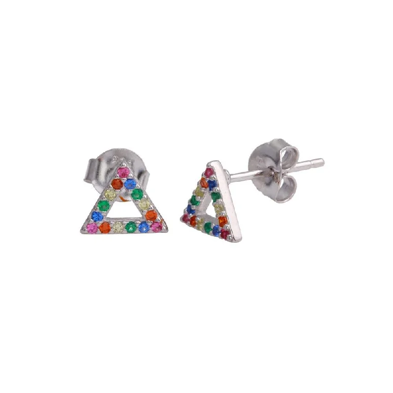 ladies-beaded-heart-earrings-Rhodium Plated 925 Sterling Silver Open Triangle Stud Earrings with Multi-Colored CZ - BGE00611