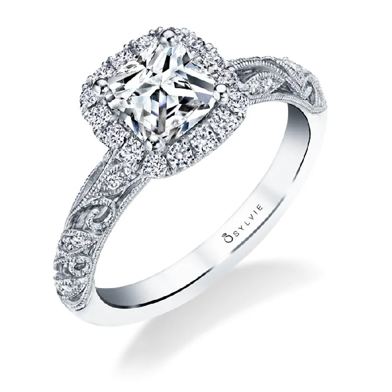 engagement-elegant-ring-Sylvie Collection 14K White Gold Cushion Halo Engagement Ring Setting .37tw