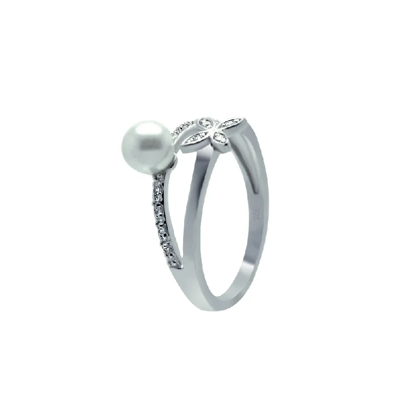 ladies ring cosmic crescent moon-Silver 925 Rhodium Plated Clear CZ Synthetic Pearl Flower Ring - BGR00617