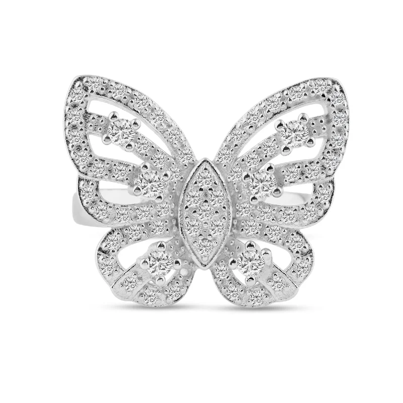 ladies ring floral petal design-Silver 925 Rhodium Plated Pave Set CZ Butterfly Ring - STR00451