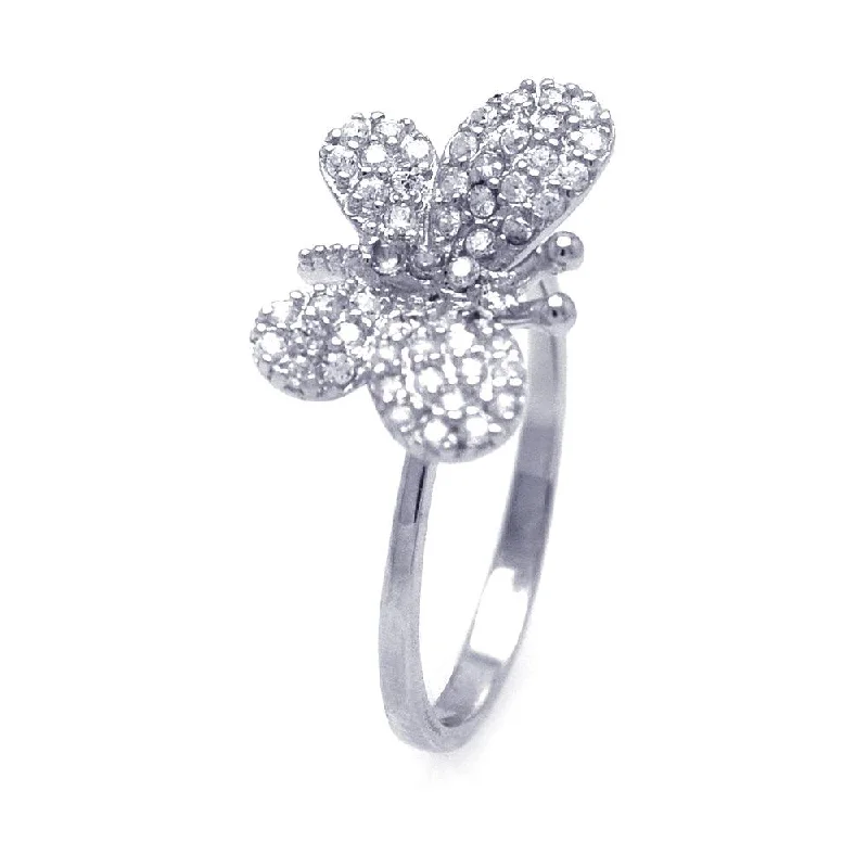 ladies ring personalized date detail-Silver 925 Rhodium Plated Butterfly CZ Ring - STR00569