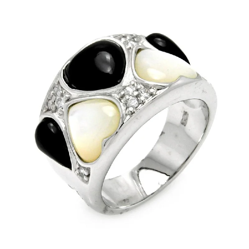 ladies ring luminous halo design-Clearance-Silver 925 Rhodium Plated Onyx Pearl Heart CZ Ring - STR00279