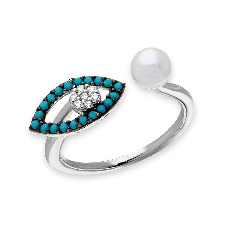 ladies ring personalized date detail-Silver 925 Black Rhodium and Rhodium Plated Turquoise Evil Eye and CZ with Fresh Water Pearl Ring - GMR00137B-T