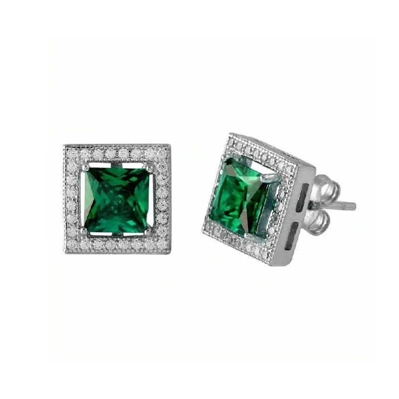 ladies-tassel-long-earrings-Rhodium Plated 925 Sterling Silver Green Halo Square CZ Stud Earrings - BGE00632GRN