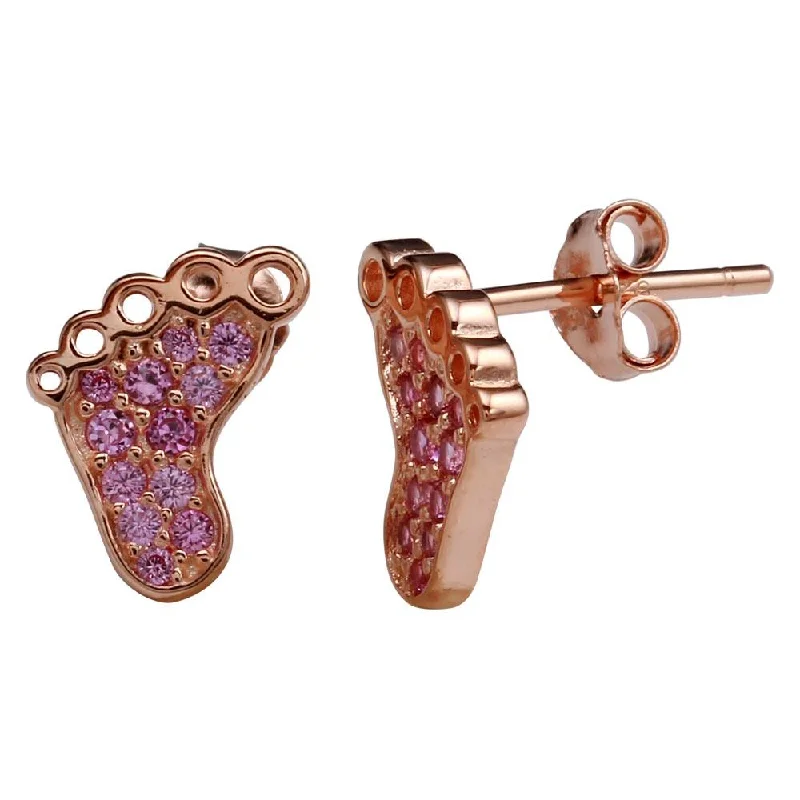 ladies-beaded-earrings-Rose Gold Plated 925 Sterling Silver Foot Stud Earrings with Pink CZ - STE01157RGP