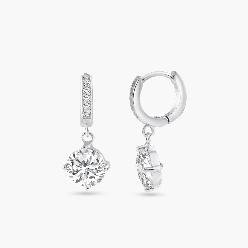 ladies-stud-earrings-Silver 925 Rhodium Plated Round Channel CZ Dangling huggie hoop Earrings - BGE00263