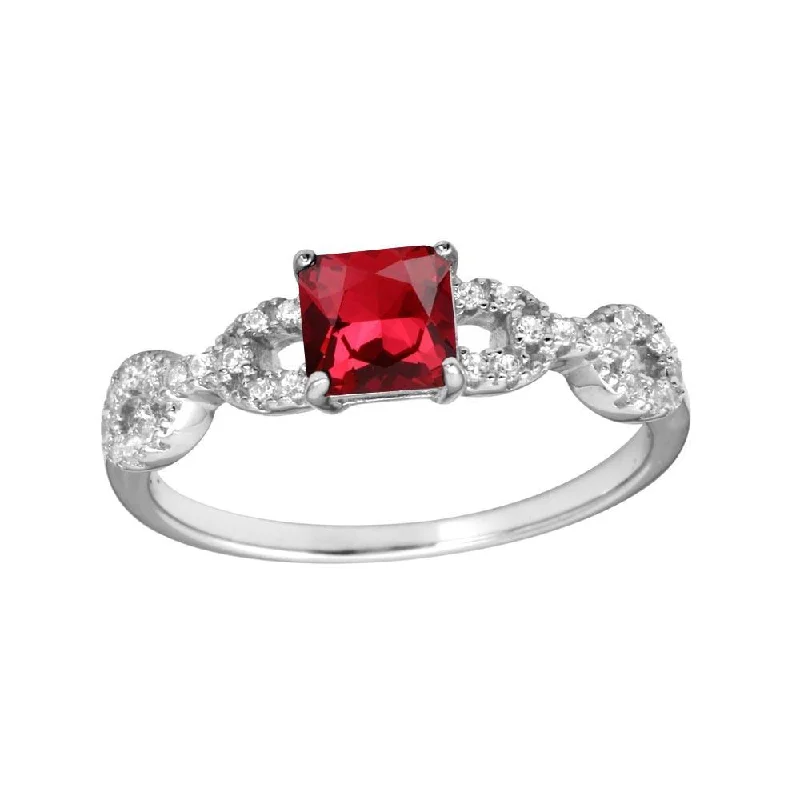 ladies ring floral petal design-Rhodium Plated 925 Sterling Silver Square Red CZ Center Stone Chain Design Shank Ring - BGR01225RED