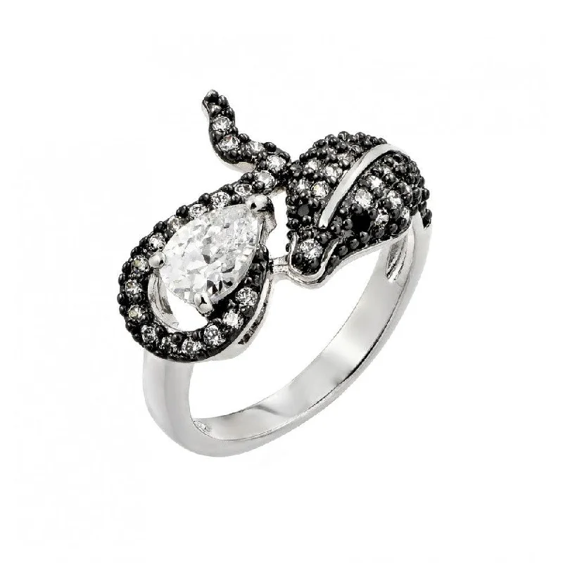 ladies ring name engraved band-Silver 925 Rhodium and Black Rhodium Plated 2 Toned Clear and Black CZ Snake Ring - BGR00776