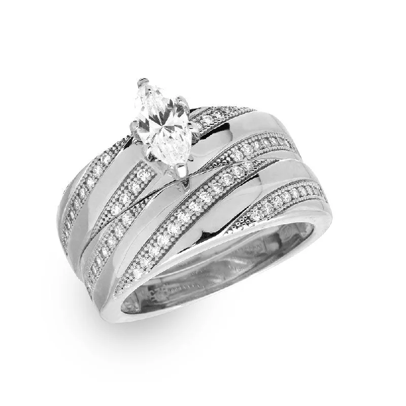 ladies ring shell inspired-Silver 925 Rhodium Plated Marquise Center Trio Bridal Ring - GMR00146