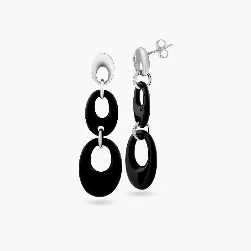 ladies-affordable-gold-earrings-Clearance-Silver 925 Rhodium Plated Black Open Oval Onyx Stud Dangling Earrings - BGE00113