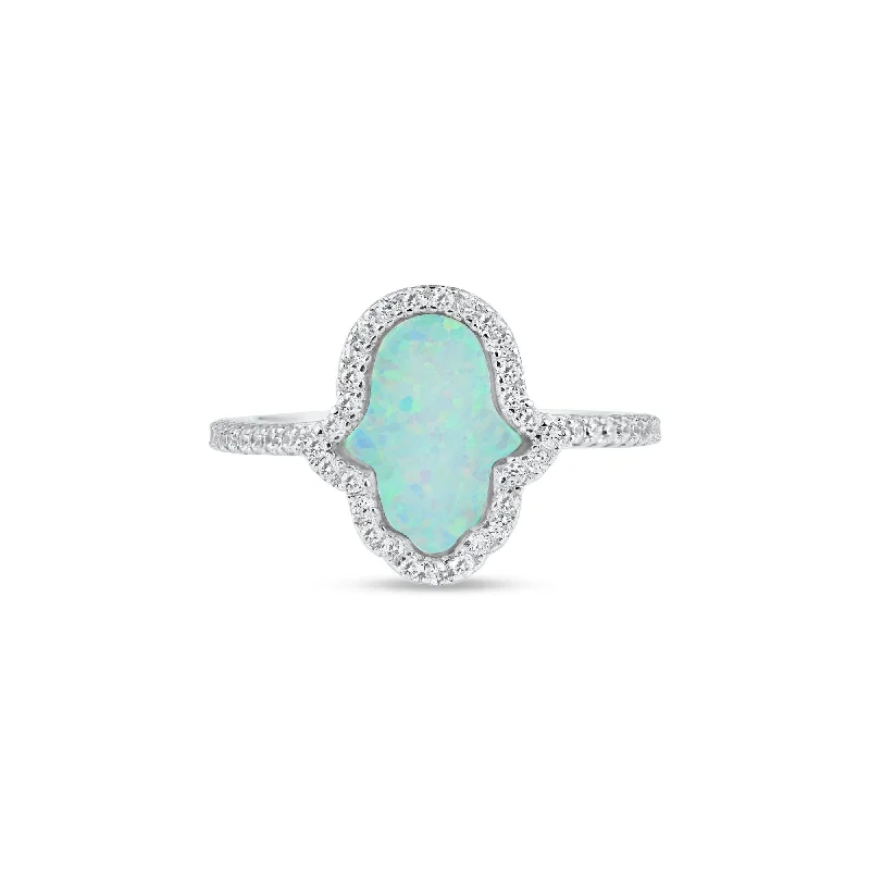 ladies ring sleek minimalist band-Rhodium Plated 925 Sterling Silver Hamsa Opal CZ Ring - BGR01356