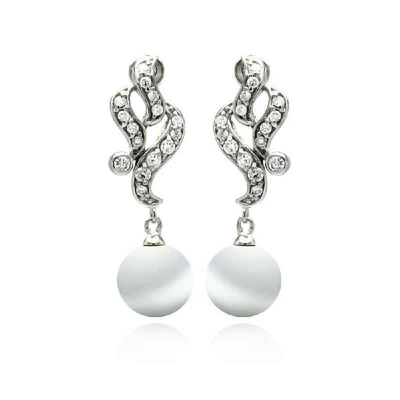 ladies-pearl-drop-earrings-Silver 925 Rhodium Plated Filigree CZ Dangling Synthetic Pearl Earrings - BGE00224