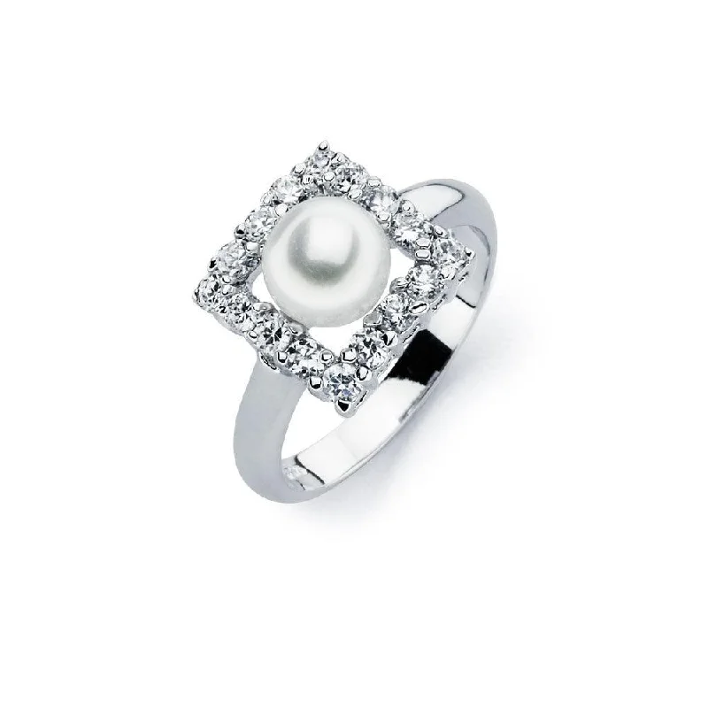 ladies ring personalized date detail-Silver 925 Rhodium Plated Fresh Water Pearl Center Clear Square CZ Ring - BGR00584