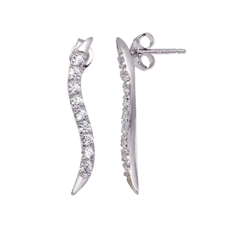 ladies-artisan-gold-earrings-Silver 925 Rhodium Plated CZ Thin Wavy Stud Earrings - STE00010