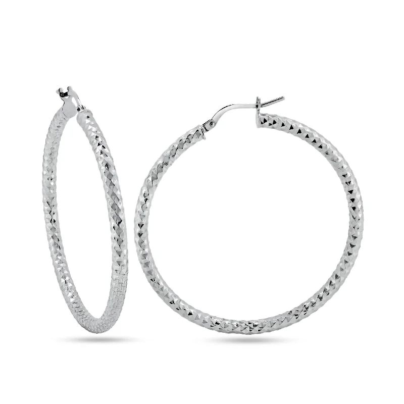 ladies-unique-earrings-Rhodium Plated 925 Sterling Silver 3mm Diamond Cut Textured Hoop Earrings - ARE00037RH