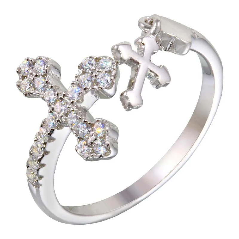 ladies ring luminous halo design-Rhodium Plated 925 Sterling Silver Open End Cross Ring with CZ - BGR01145