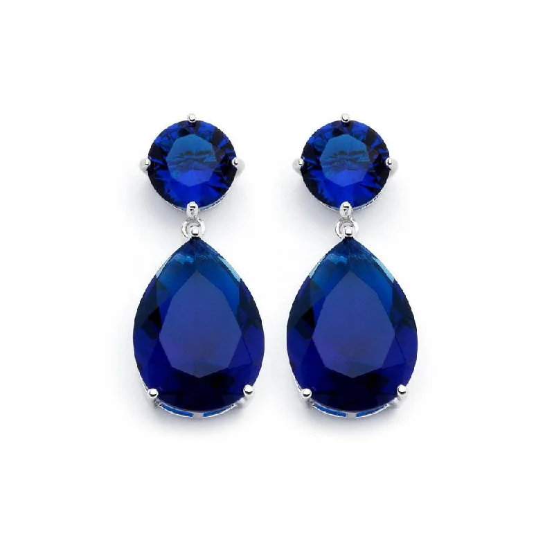 ladies-delicate-diamond-earrings-Silver 925 Rhodium Plated Round Teardrop Blue CZ Dangling Stud Earrings - BGE00858BLUE