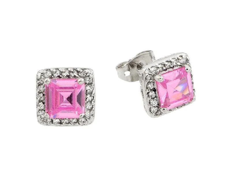 ladies-short-rose-gold-earrings-Silver 925 Rhodium Plated Pink Square CZ Stud Earrings - BGE00359PK