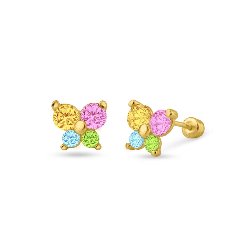 ladies-rose-gold-pearl-earrings-14E00136MUL - 14 Karat Yellow Butterfly Multicolor CZ Screw Back Stud Earrings