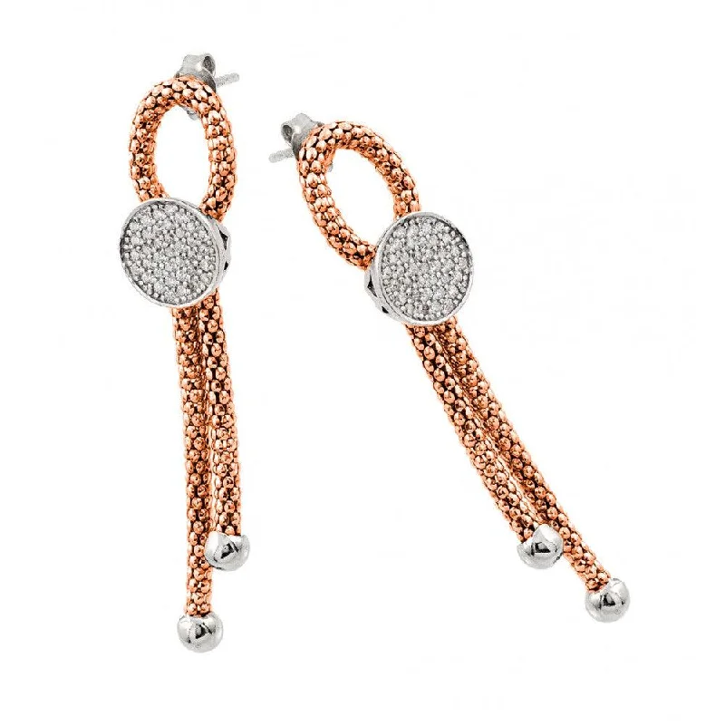 ladies-dangle-gold-earrings-Silver 925 Rhodium and Rose Gold Plated Dangling Ribbon Center Circle CZ Inlay Dangling Stud Earrings - ECE010RGP