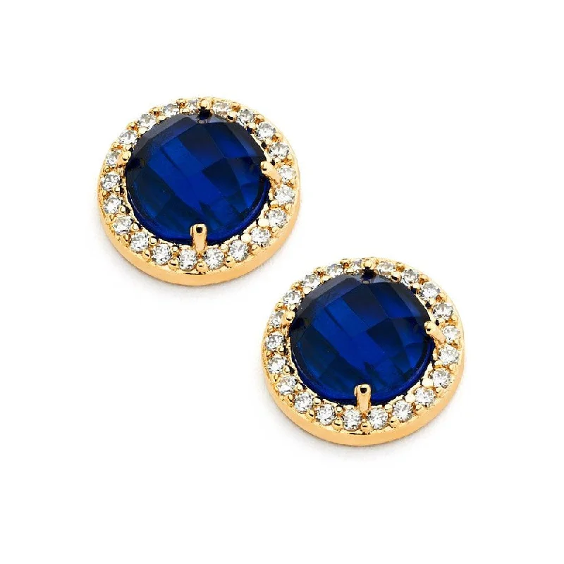 ladies-tassel-diamond-earrings-Silver 925 Gold Plated Blue Center Clear Outline CZ Stud Earrings - BGE00360B