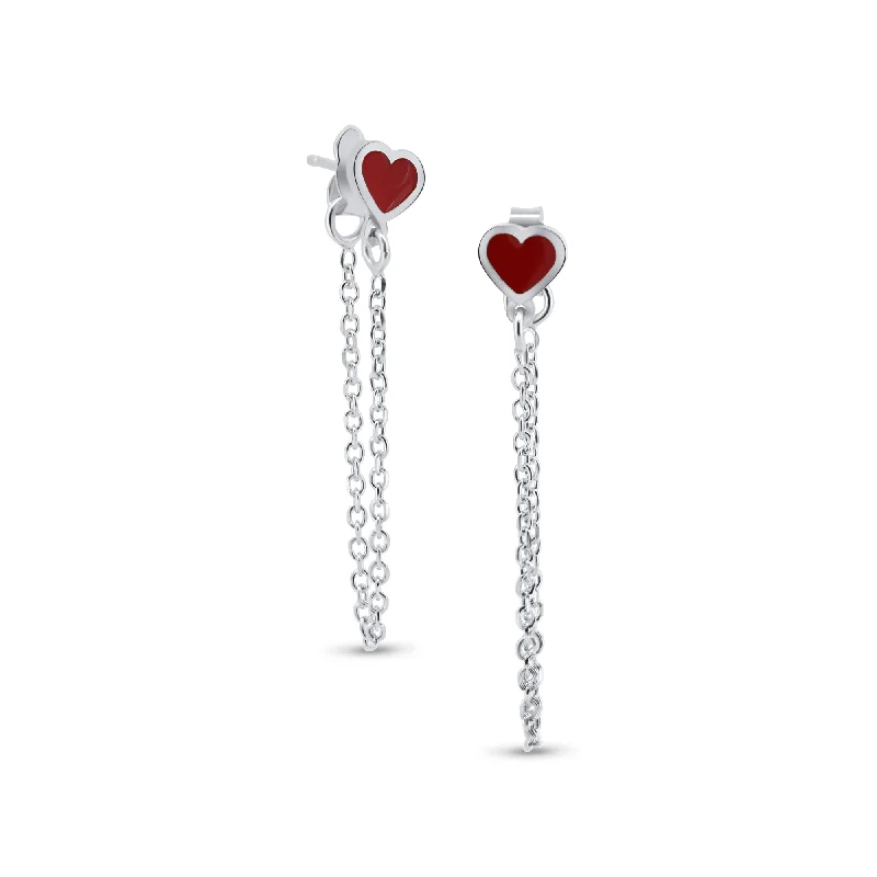 ladies-gift-rose-gold-earrings-Rhodium Plated 925 Sterling Silver Dangling Heart Red Enamel Stud Earrings - ITE00096-RH