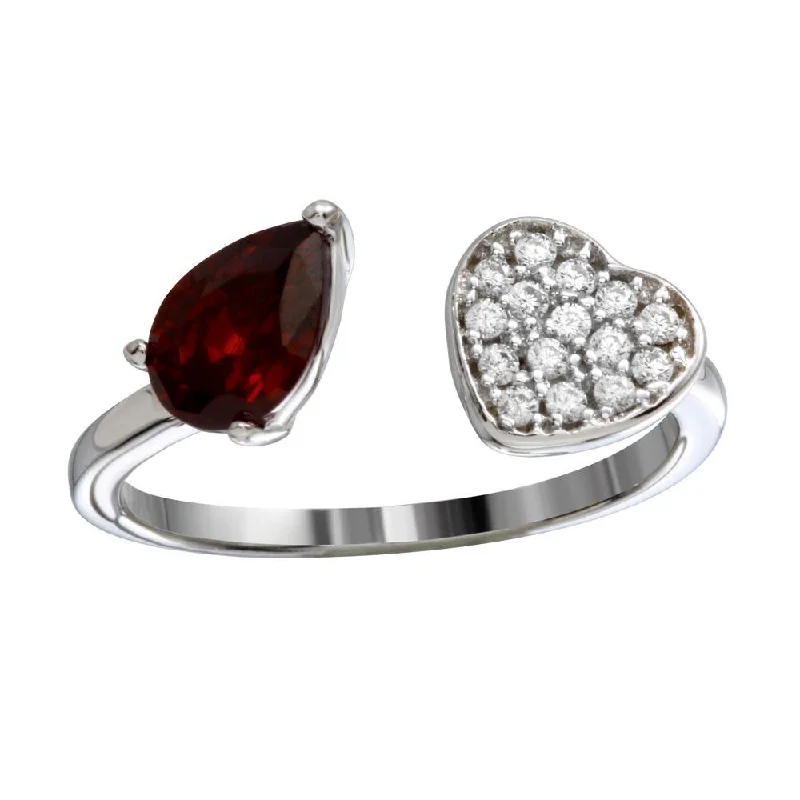 ladies ring sunny chalcedony-Rhodium Plated 925 Sterling Silver Open Heart Ring with CZ - BGR01190RED