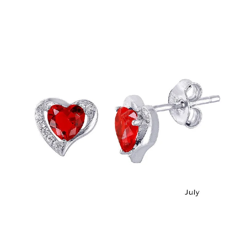 ladies-modern-gold-earrings-Rhodium Plated 925 Sterling Silver Heart with Birthstone Center Stud Earrings July - STE01028-JUL