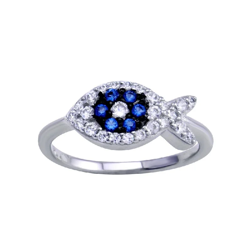 ladies ring unique vine pattern-Rhodium Plated 925 Sterling Silver Blue CZ Fish Ring - BGR01288