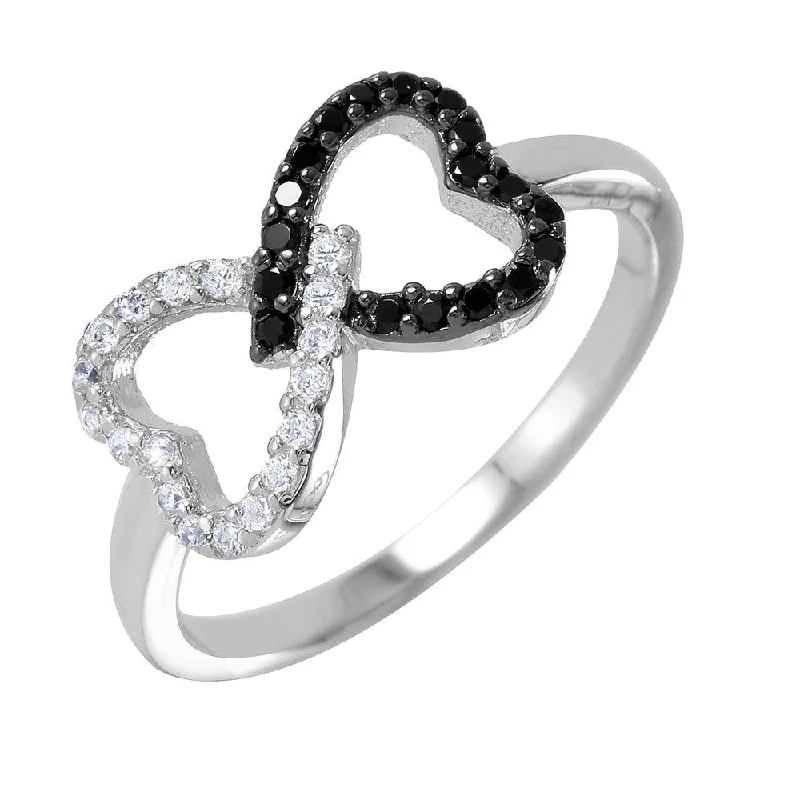 ladies ring eclectic mixed gem-Silver 925 Rhodium and Black Rhodium Plated Open Twin Heart Ring - BGR00942