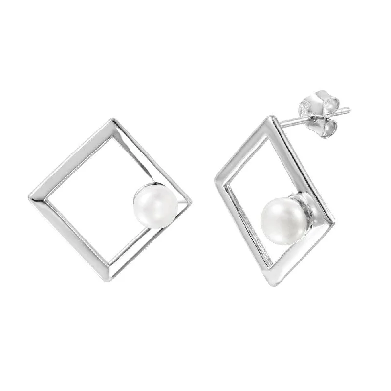 ladies-dangle-tassel-earrings-Silver 925 Rhodium Plated Open Square Fresh Water Pearl Stud Earrings - STE01001