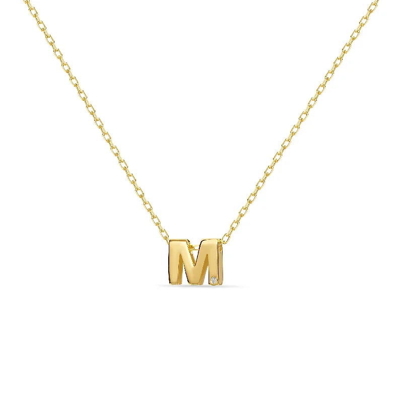 ladies-infinity-gold-necklace-Diamond Letter Necklace "M" - 18 karat gold vermeil on sterling silver, diamond 0.01 carat