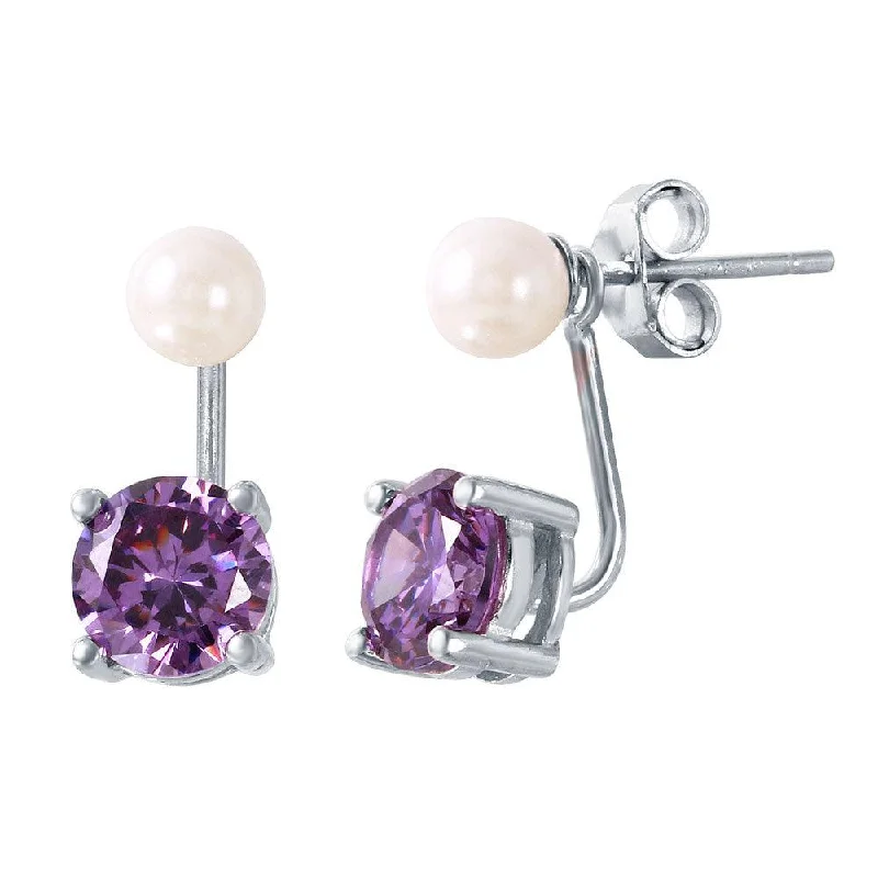 ladies-moon-gold-earrings-Rhodium Plated 925 Sterling Silver Pearl Purple Front and Back Earrings - STE00990FEB