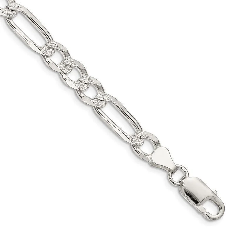 Ladies bracelets unique bangles -Sterling Silver 7mm Pave Flat Figaro Chain Bracelet