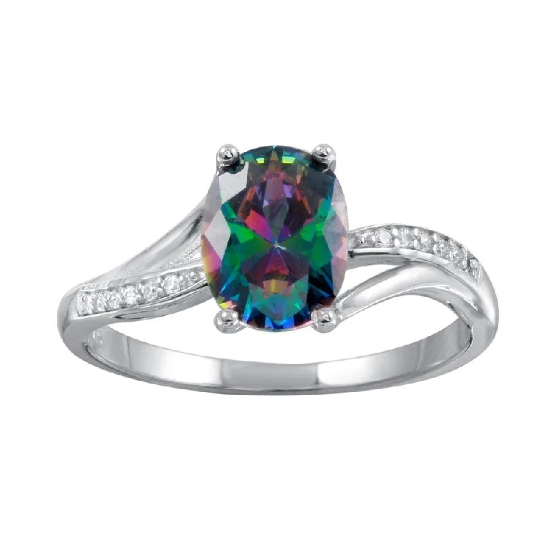 ladies ring animal paw print-Rhodium Plated 925 Sterling Silver Oval Mystic Topaz CZ Ring - BGR01266