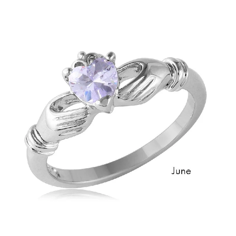 ladies ring fall leaf pattern-June Sterling Silver 925 Rhodium Plated CZ Center Birthstone Claddagh Ring - BGR01083JUN