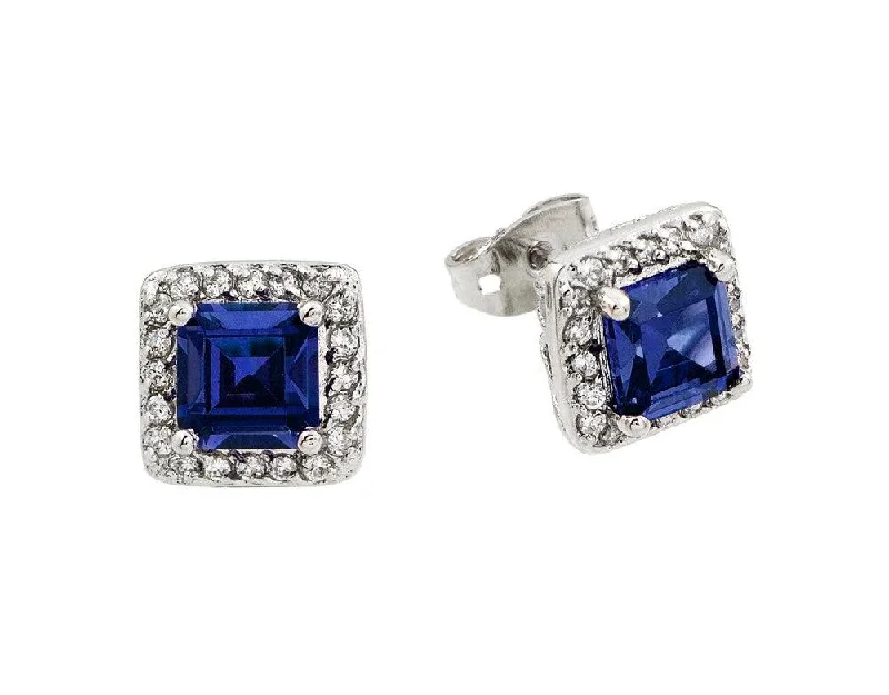 ladies-charm-earrings-Silver 925 Rhodium Plated Blue Square CZ Stud Earrings - BGE00359B