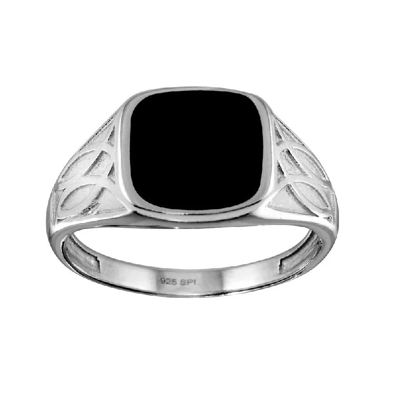 ladies ring sleek minimalist band-Rhodium Plated 925 Sterling Silver Black Enamel Celtic Design Shank Ring - SOR00003