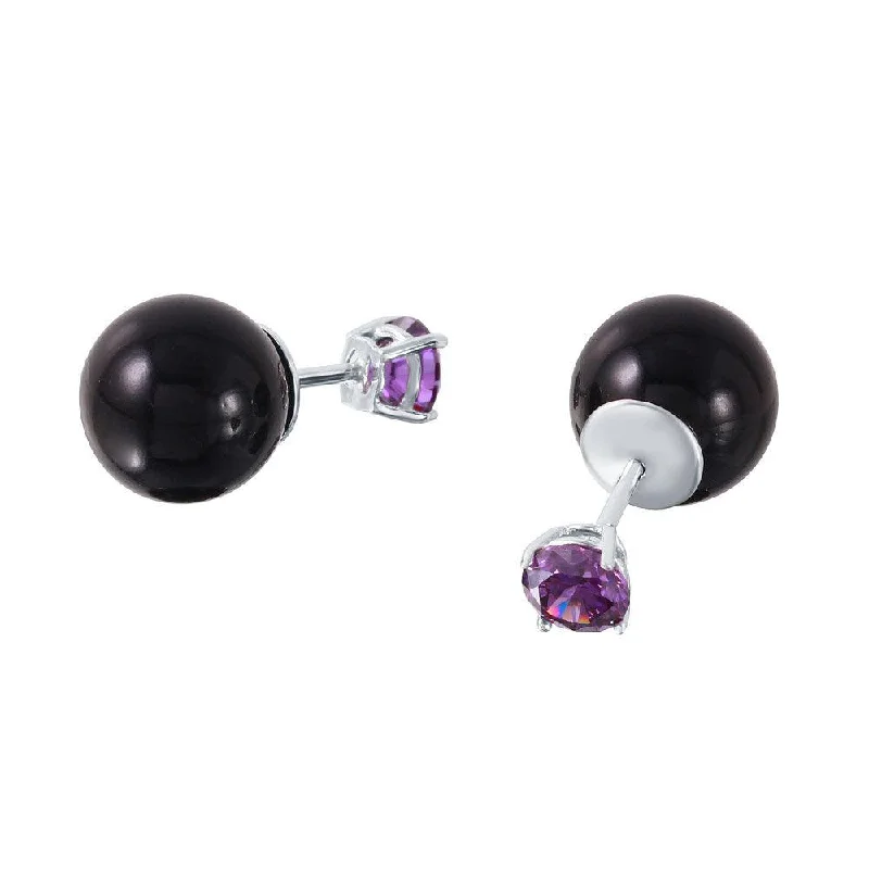 ladies-everyday-earrings-Rhodium Plated 925 Sterling Silver Purple CZ Black Synthetic Pearl Front and Back  Earrings - STE01000FEB