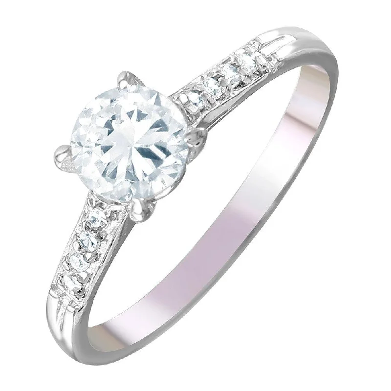 ladies ring bold statement gem-Silver 925 Rhodium Plated Round Center CZ Ring - STR00651